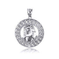 .925 Sterling Silver Jesus Christ Face Cuban Link Round Pendant Necklace