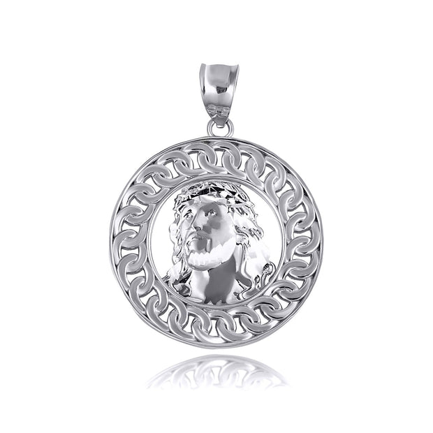 .925 Sterling Silver Jesus Christ Face Cuban Link Round Pendant Necklace