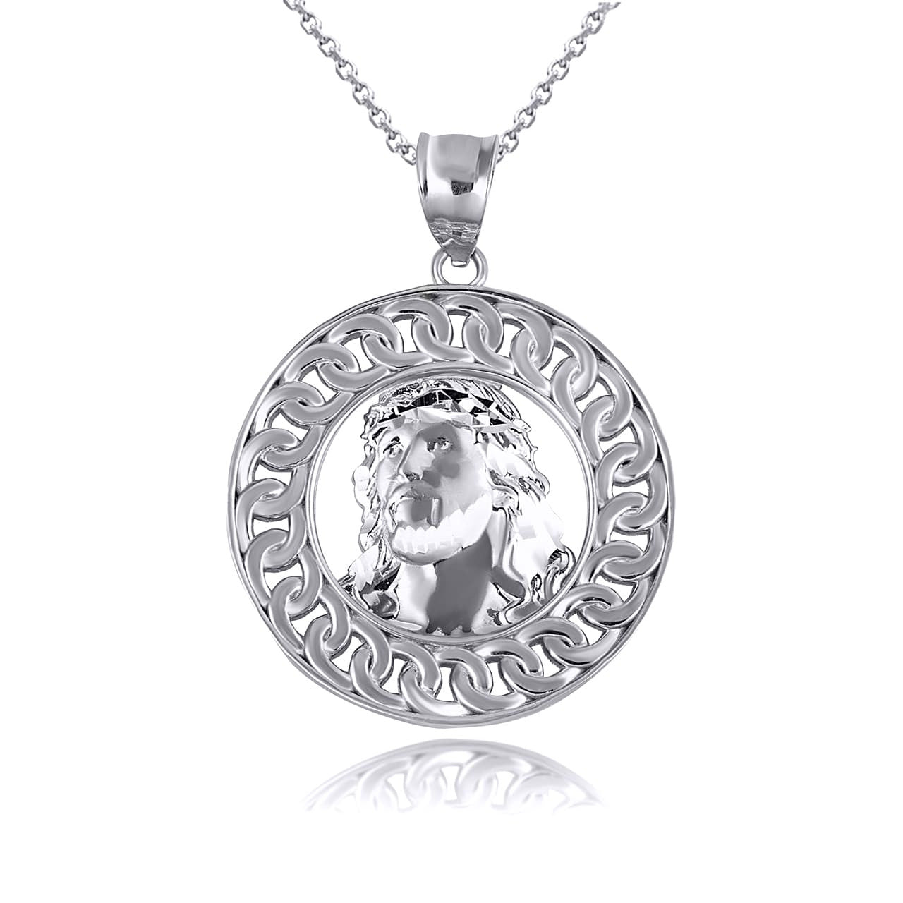 .925 Sterling Silver Jesus Christ Face Cuban Link Round Pendant Necklace