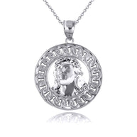 .925 Sterling Silver Jesus Christ Face Cuban Link Round Pendant Necklace
