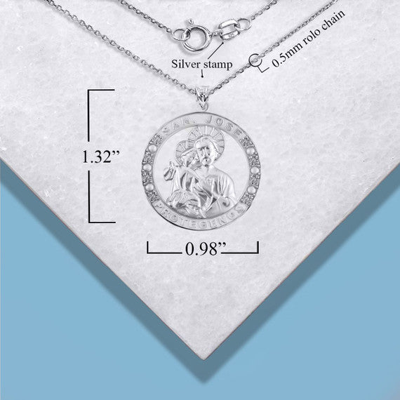 925 Sterling Silver Cubic Zirconia Patron Saint Joseph Baby Jesus Pendant Necklace