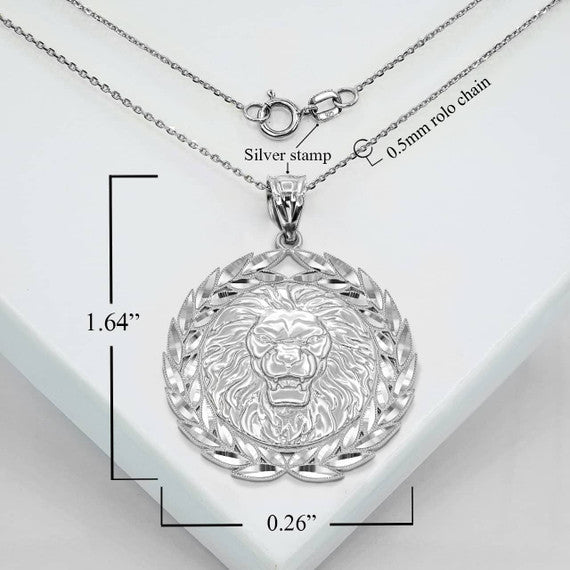 Silver Lion Head Laurel Wreath Pendant Necklace