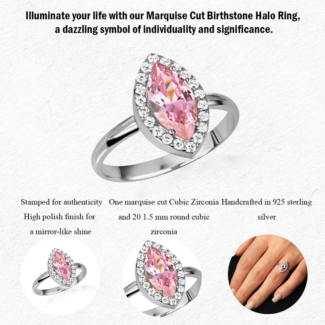 925 Sterling Silver Marquise Cut Birthstone Halo Ring