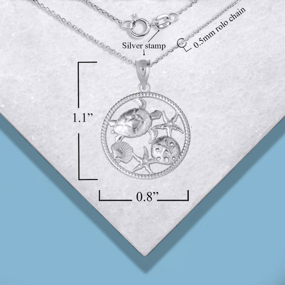 .925 Sterling Silver Sea Shell Turtle & Starfish Marine Life Rope Pendant Necklace