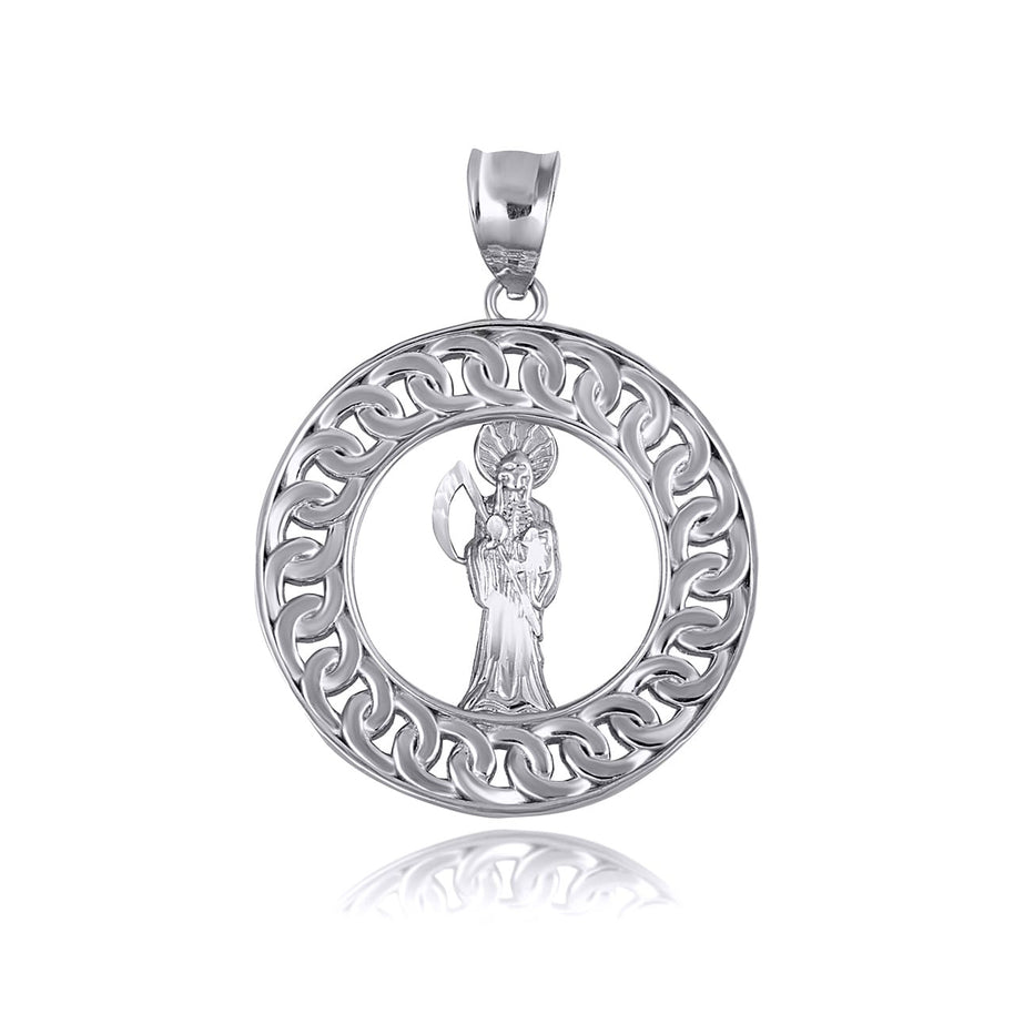 .925 Sterling Silver Santa Muerte Grim Reaper Cuban Link Round Pendant Necklace