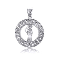 .925 Sterling Silver Santa Muerte Grim Reaper Cuban Link Round Pendant Necklace