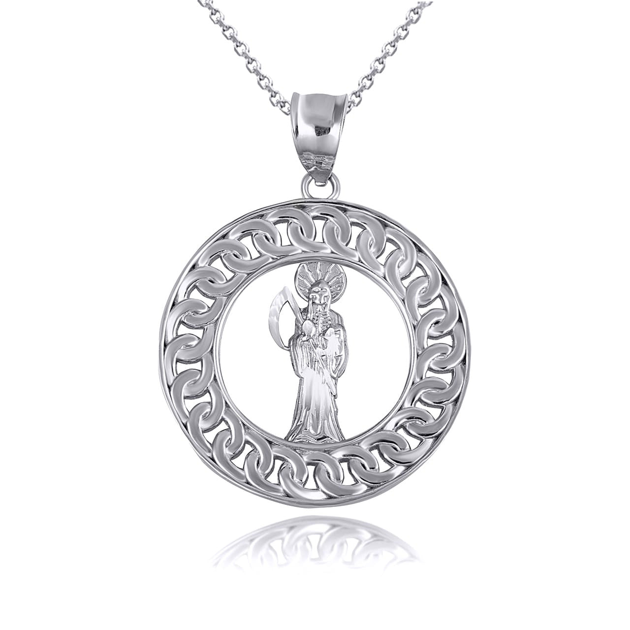 .925 Sterling Silver Santa Muerte Grim Reaper Cuban Link Round Pendant Necklace