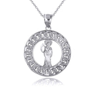 .925 Sterling Silver Santa Muerte Grim Reaper Cuban Link Round Pendant Necklace