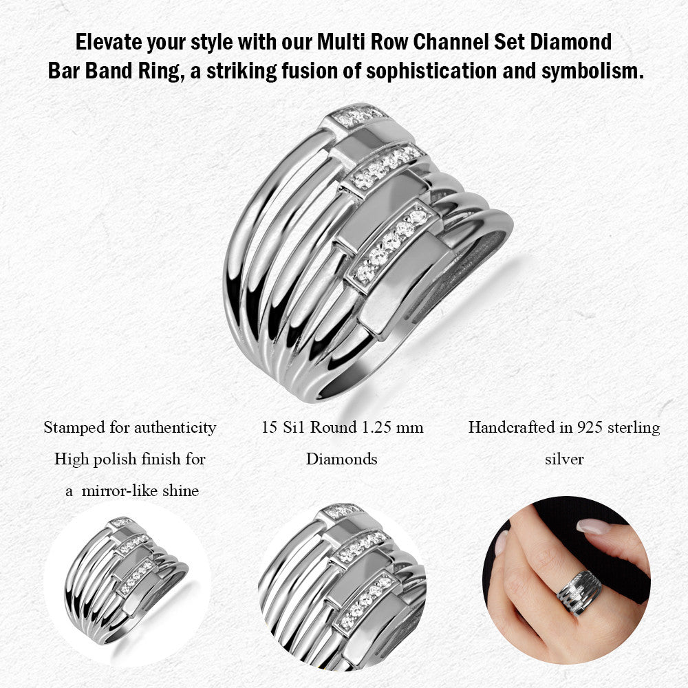 .925 Sterling Silver Multi Row Channel Set Cubic Zirconia Bar Band Ring