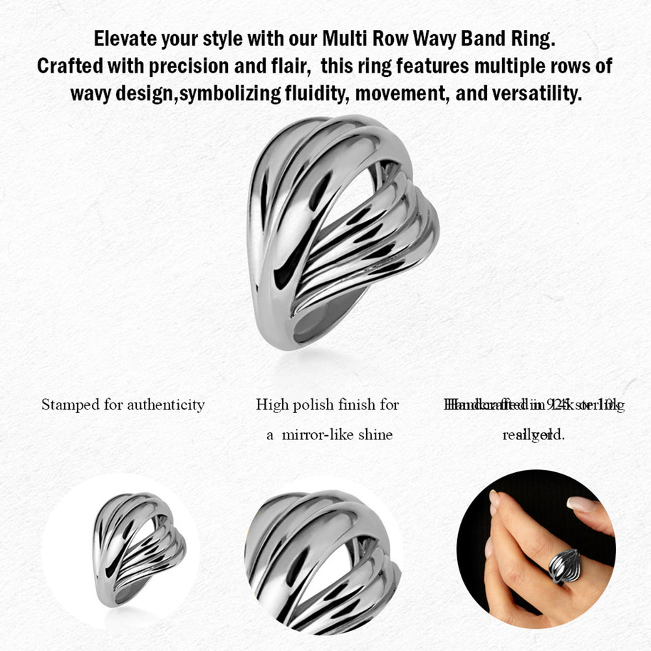 .925 Sterling Silver Multi Row Wavy Band Ring