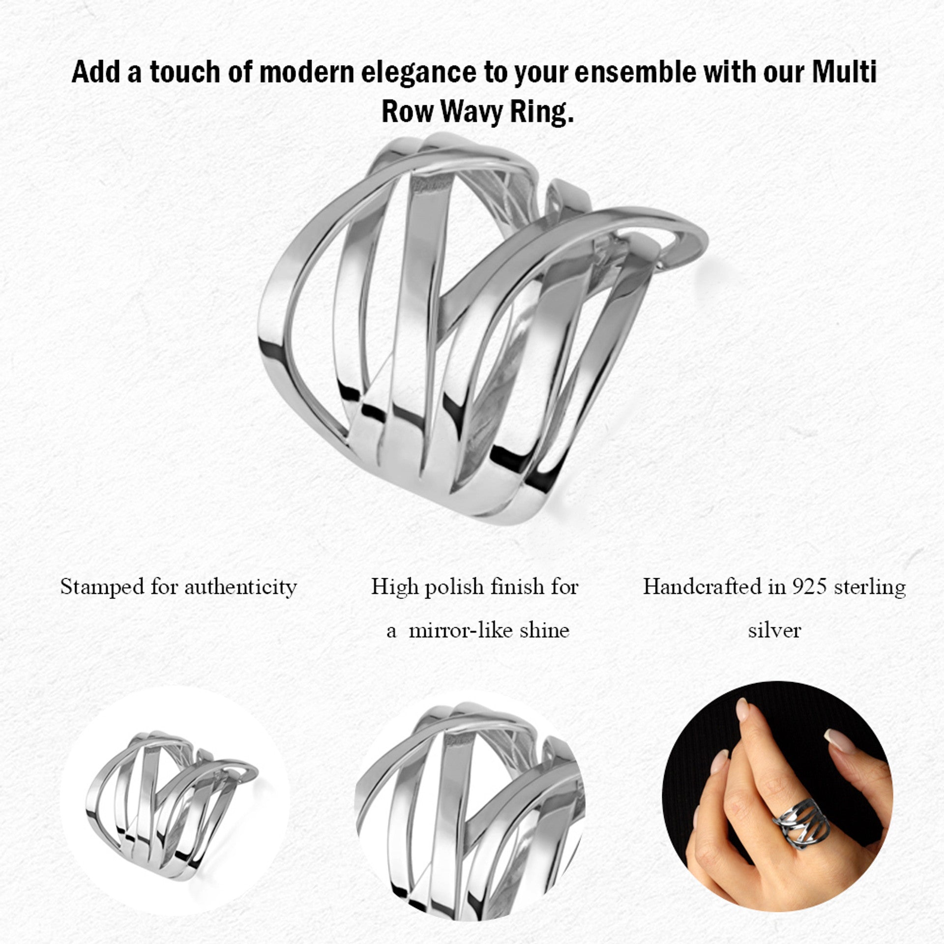 .925 Sterling Silver Multi Row Wavy Ring