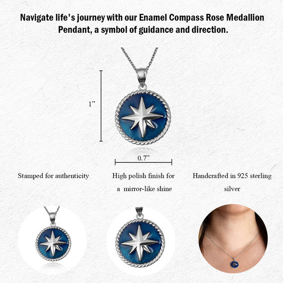 .925 Sterling Silver Enamel Compass Rose Medallion Pendant Necklace