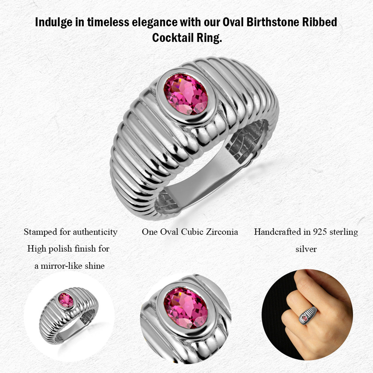 .925 Sterling Silver Oval Birthstone Ribbed Cocktail Ring