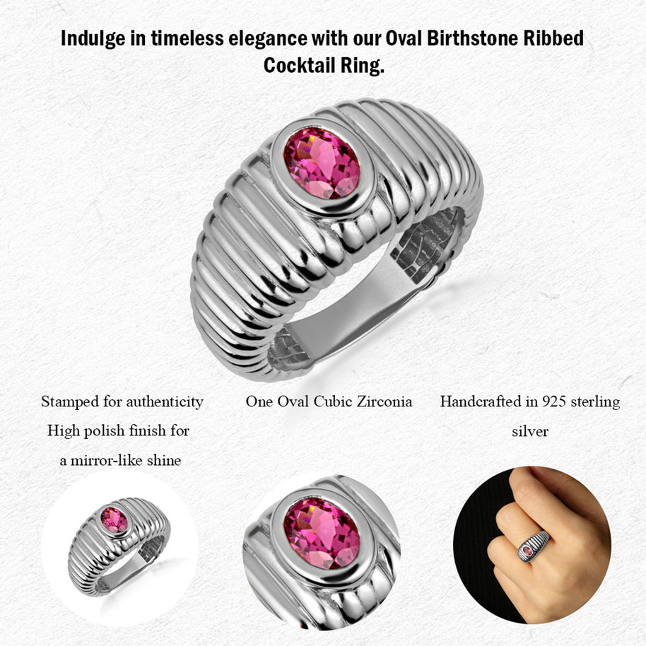 .925 Sterling Silver Oval Birthstone Ribbed Cocktail Ring