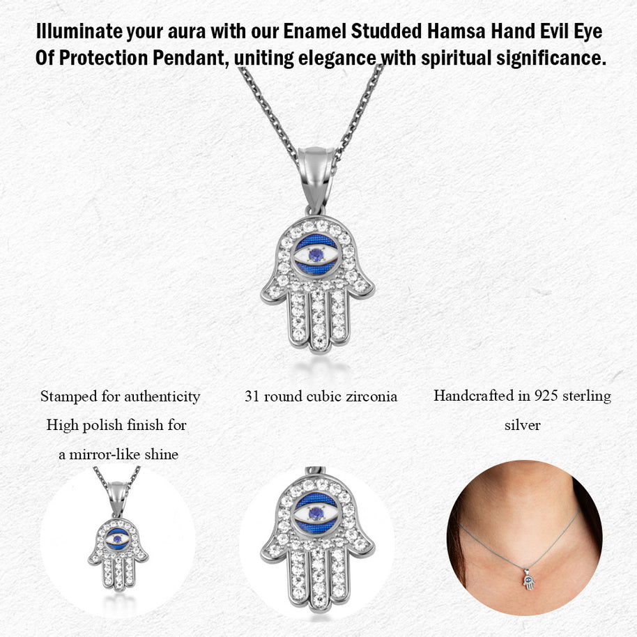 .925 Sterling Silver Enamel Cubic Zirconia Studded Hamsa Hand Evil Eye Of Protection Pendant Necklace