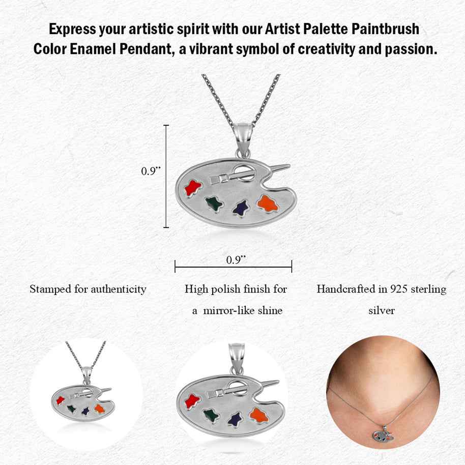 .925 Sterling Silver Enamel Palette Paint Brush Artist Pendant Necklace
