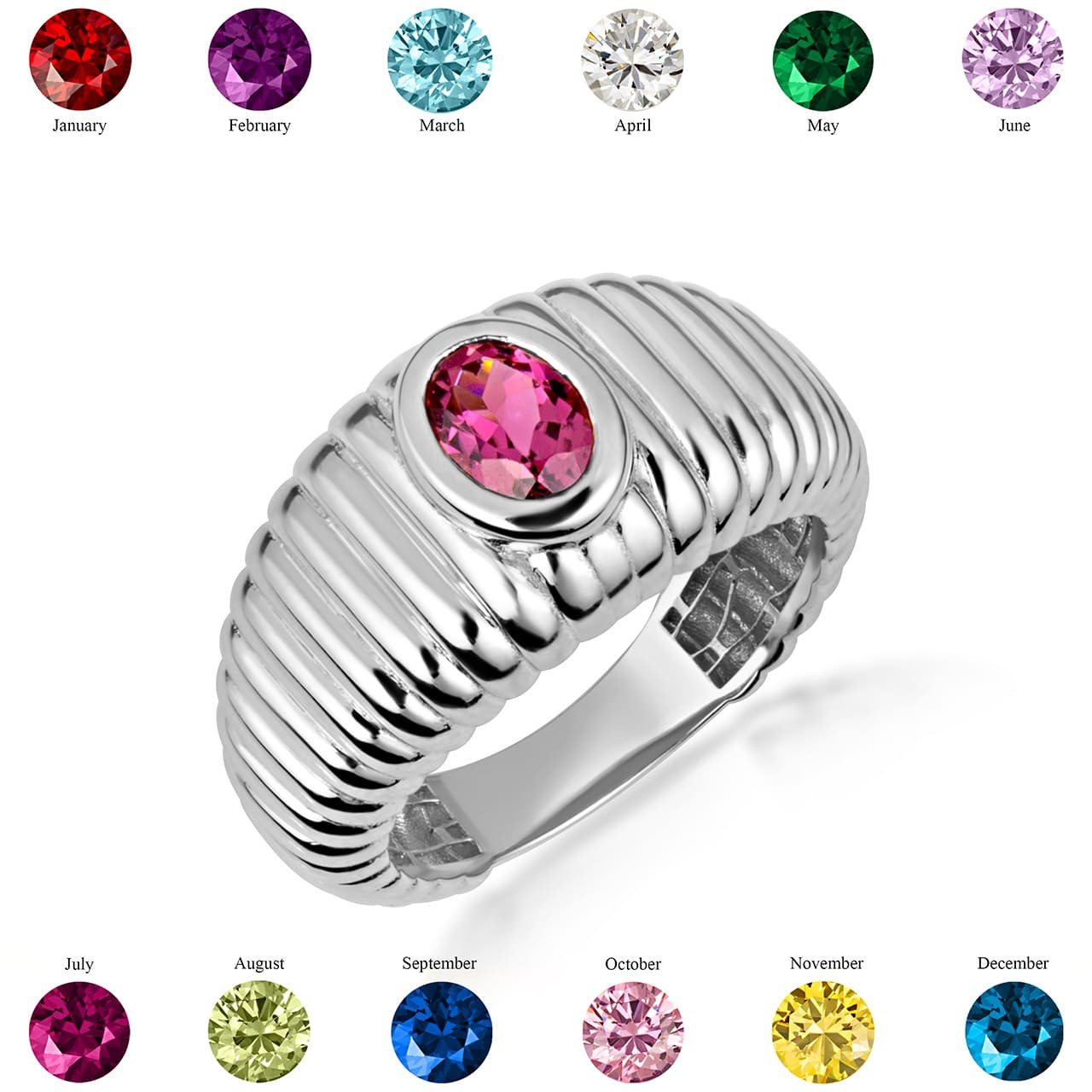 .925 Sterling Silver Oval Birthstone Ribbed Cocktail Ring