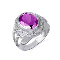 .925 Sterling Silver Oval Birthstone Halo Jesus Christ Cross Crucifix Ring