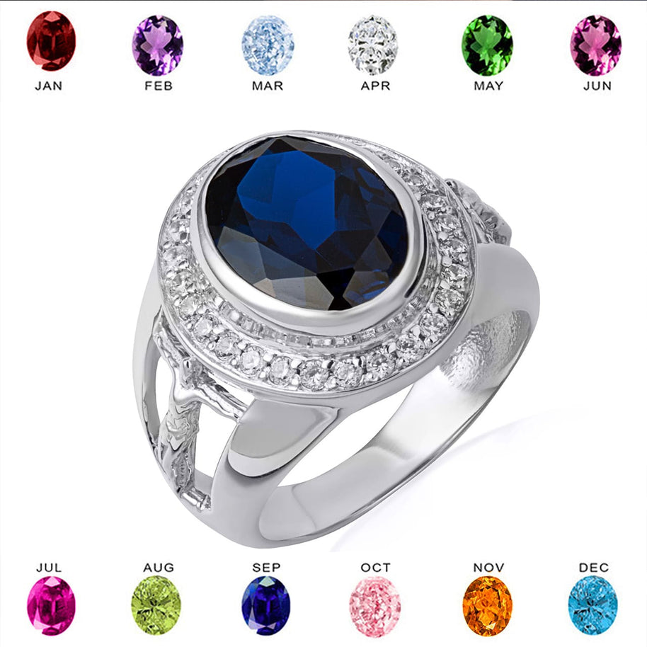 .925 Sterling Silver Oval Birthstone Halo Jesus Christ Cross Crucifix Ring