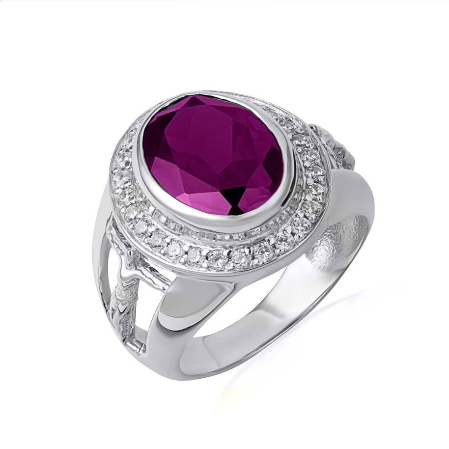 .925 Sterling Silver Oval Birthstone Halo Jesus Christ Cross Crucifix Ring