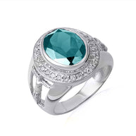 .925 Sterling Silver Oval Birthstone Halo Jesus Christ Cross Crucifix Ring