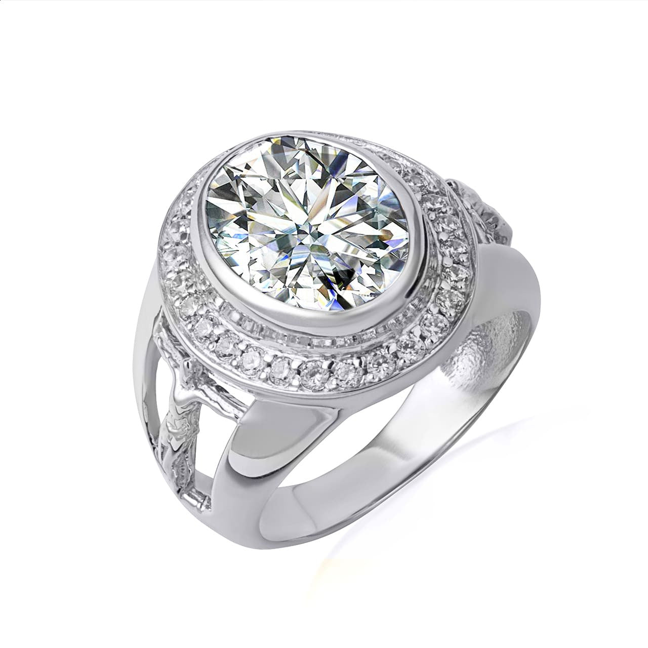 .925 Sterling Silver Oval Birthstone Halo Jesus Christ Cross Crucifix Ring
