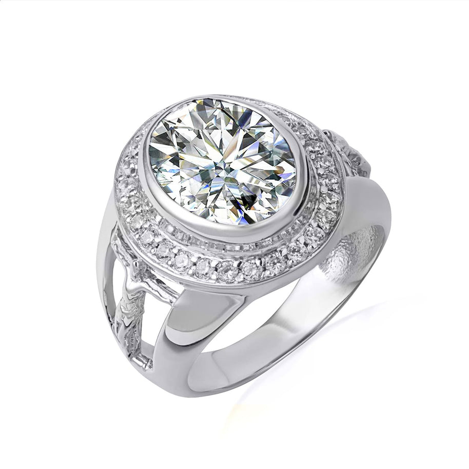 .925 Sterling Silver Oval Birthstone Halo Jesus Christ Cross Crucifix Ring