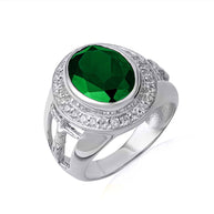 .925 Sterling Silver Oval Birthstone Halo Jesus Christ Cross Crucifix Ring