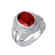 .925 Sterling Silver Oval Birthstone Halo Jesus Christ Cross Crucifix Ring