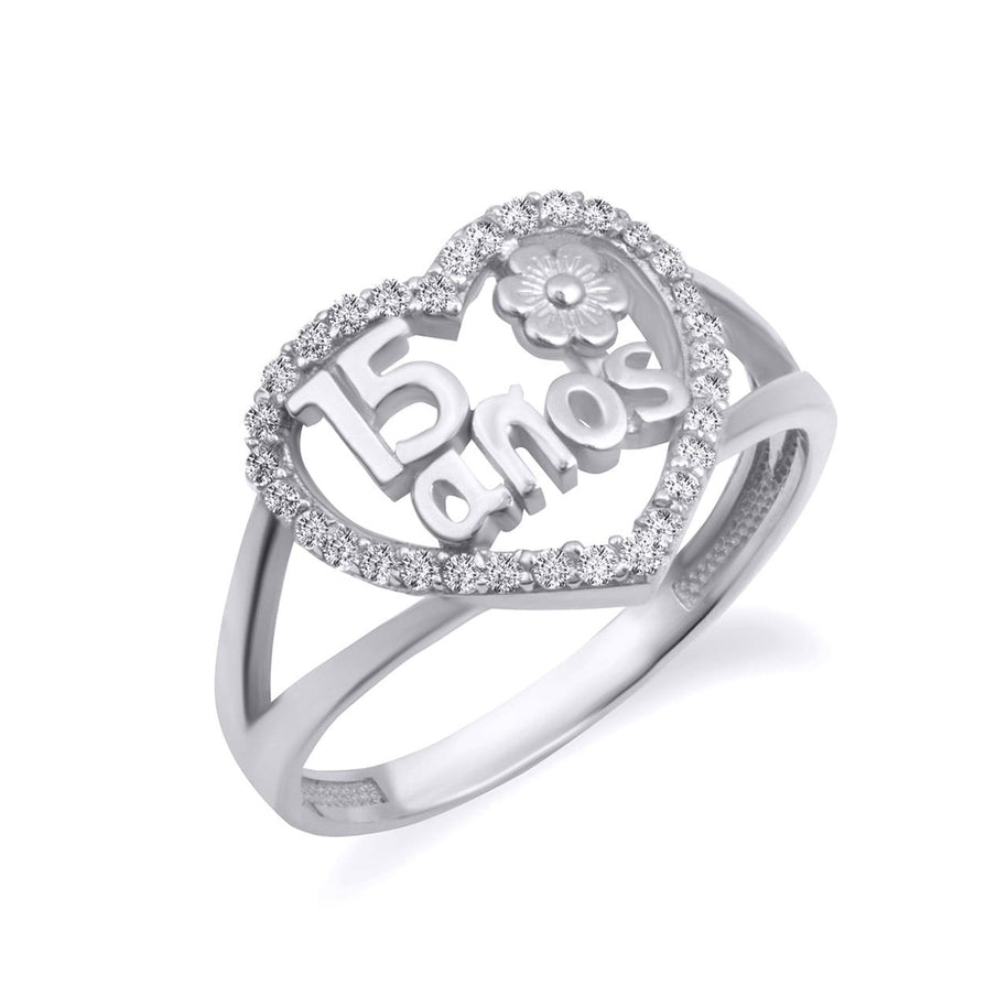 Two-Tone Gold 15 Años Cubic Zirconia Heart Flower Rose Quinceañera Ring (Available in Yellow/Rose/White Gold)