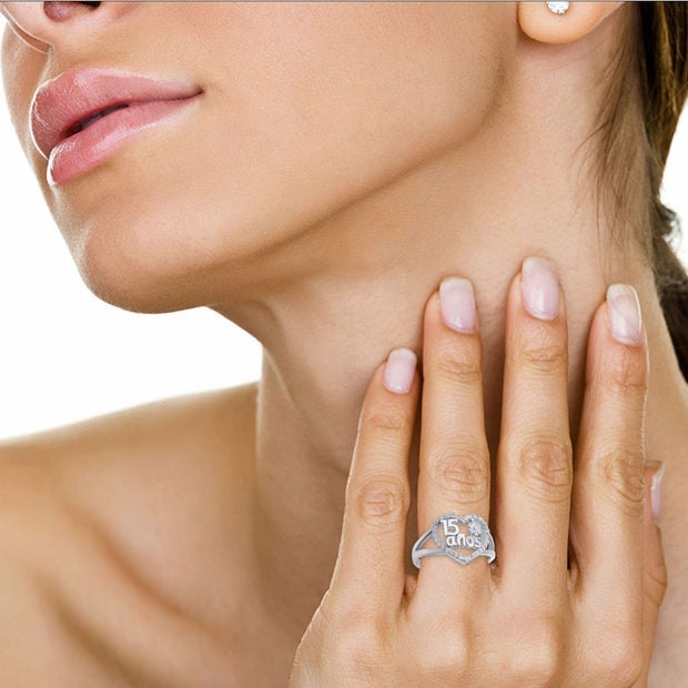 .925 Sterling Silver 15 Años Cubic Zirconia Heart Flower Rose Quinceañera Ring