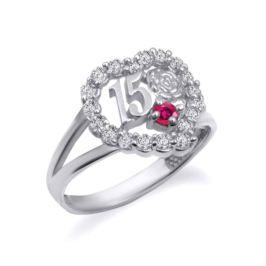 Two-Tone Gold 15 Años Cubic Zirconia Heart Birthstone Rose Flower Quinceañera Ring (Available in Yellow/Rose/White Gold)