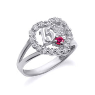 Two-Tone Gold 15 Años Cubic Zirconia Heart Birthstone Rose Flower Quinceañera Ring (Available in Yellow/Rose/White Gold)