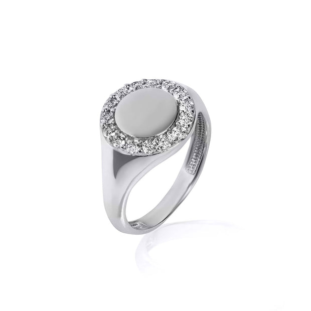 .925 Sterling Silver Engravable Cubic Zirconia Halo Signet Ring