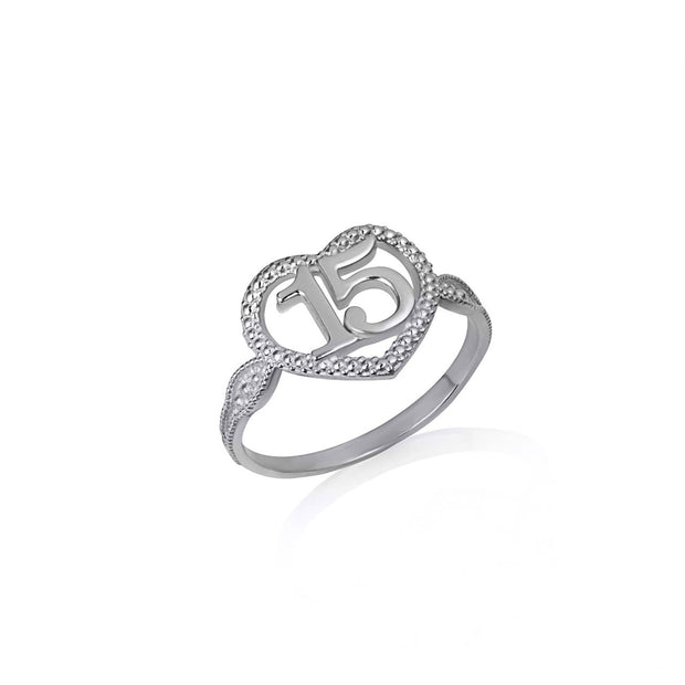 .925 Sterling Silver Textured 15 Años Heart Quinceañera Ring