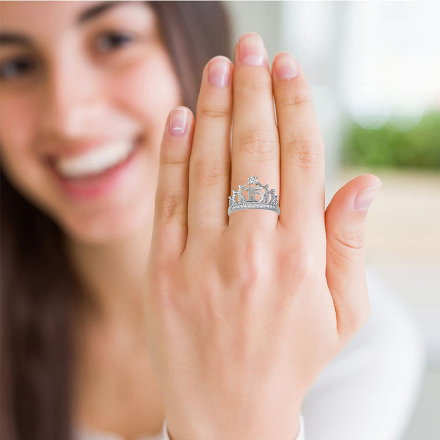 .925 Sterling Silver Cubic Zirconia 15 Años Filigree Crown Quinceañera Milgrain Ring