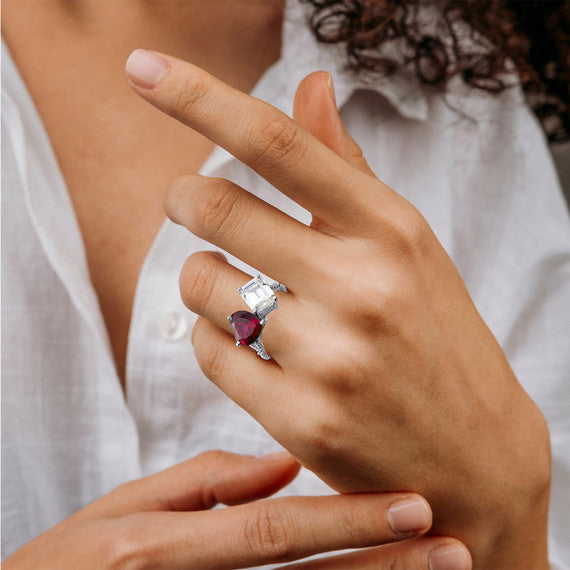 .925 Sterling Silver Toi Et Moi Heart & Emerald Cut Gemstone Roped Twist CZ Ring