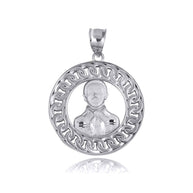 .925 Sterling Silver Patron Saint Jesús Malverde of Sinaloa Cuban Link Round Pendant Necklace