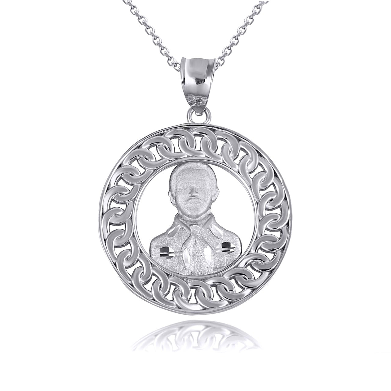 .925 Sterling Silver Patron Saint Jesús Malverde of Sinaloa Cuban Link Round Pendant Necklace