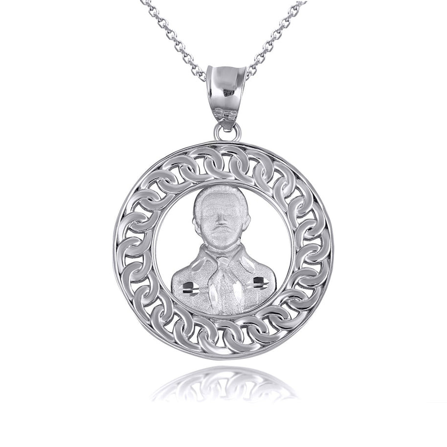 .925 Sterling Silver Patron Saint Jesús Malverde of Sinaloa Cuban Link Round Pendant Necklace
