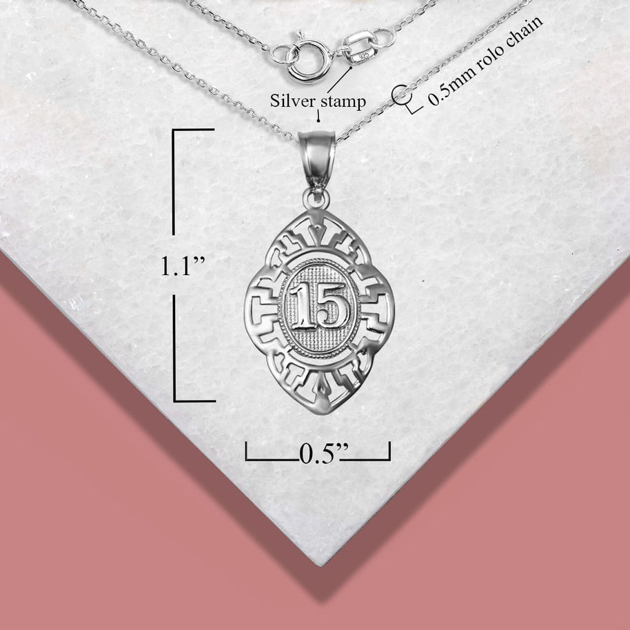 .925 Sterling Silver Quinceañera 15 Años Greek Key Oval Beaded Pendant Necklace