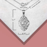 .925 Sterling Silver Quinceañera 15 Años Greek Key Oval Beaded Pendant Necklace