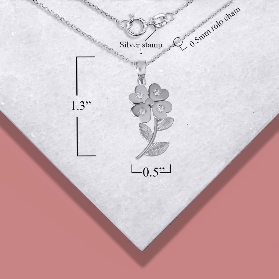.925 Sterling Silver Cubic Zirconia 4 Leaf Clover Flower Pendant Necklace