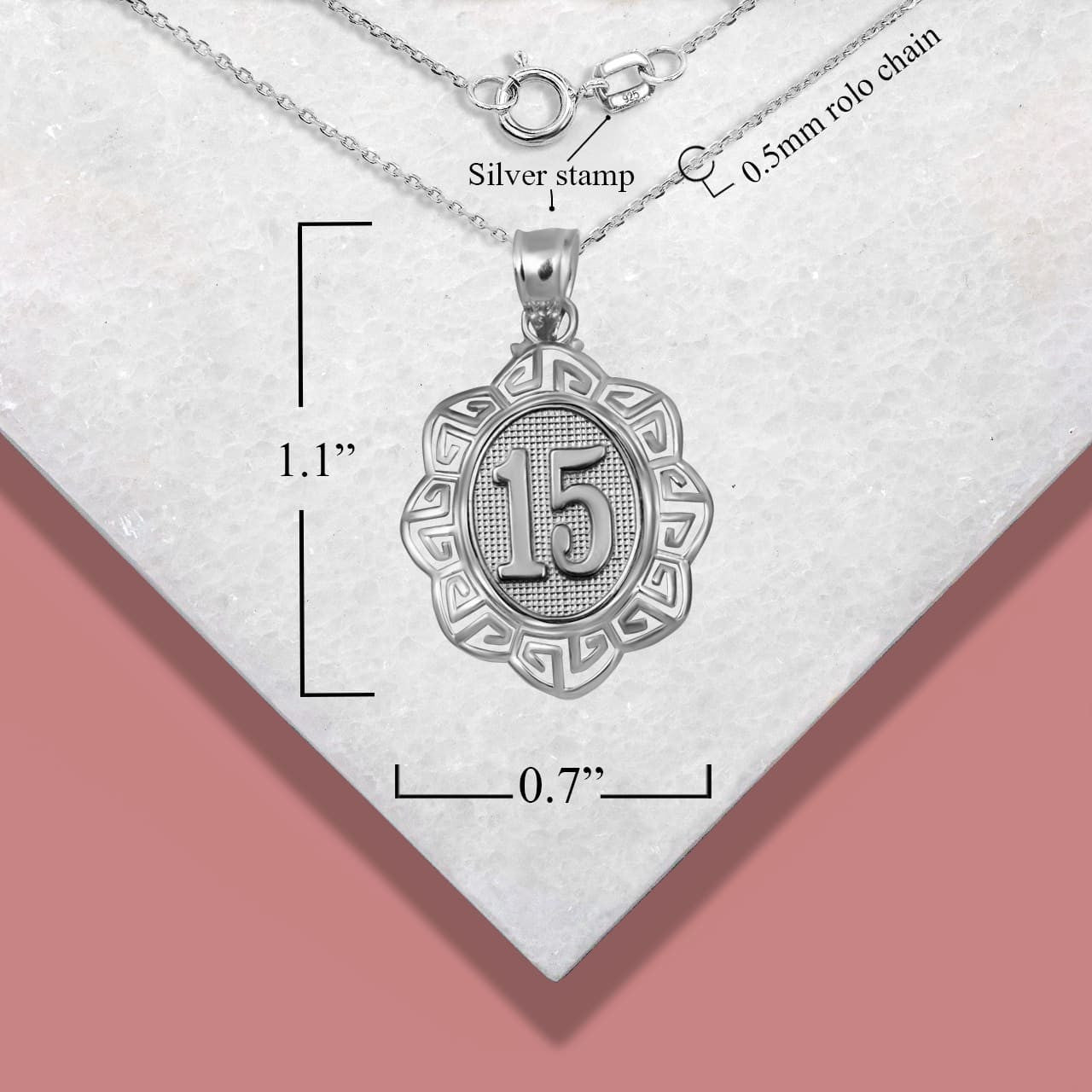 .925 Sterling Silver Quinceañera 15 Años Greek Key Textured Pendant Necklace