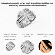 .925 Sterling Silver Cubic Zirconia X Design Multi Row Triple Band Ring