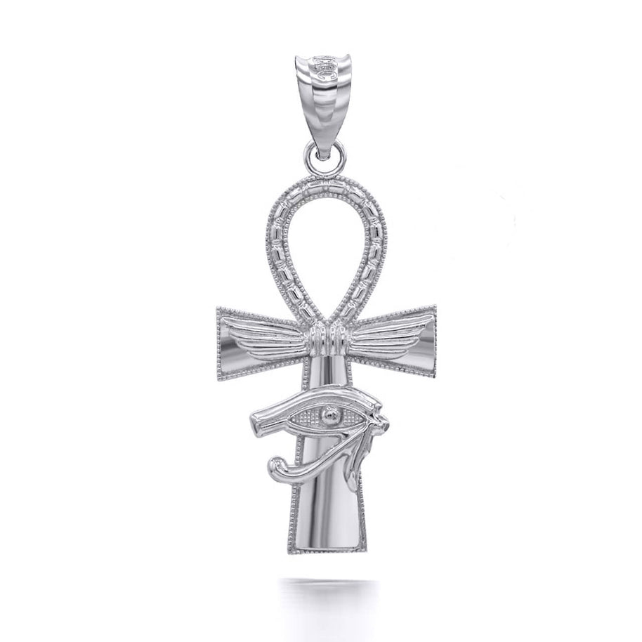 Gold Egyptian Winged Ankh Cross Eye of Horus Milgrain Pendant Necklace (Available in Yellow/Rose/White Gold)