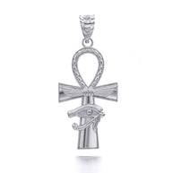 Gold Egyptian Winged Ankh Cross Eye of Horus Milgrain Pendant Necklace (Available in Yellow/Rose/White Gold)