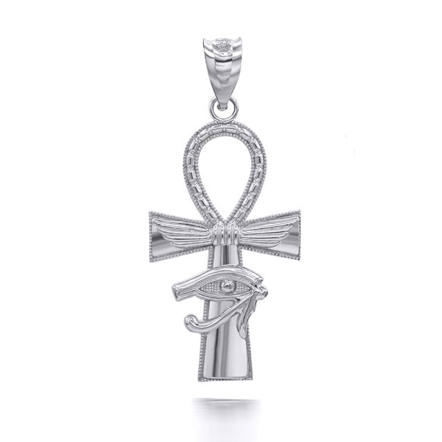 .925 Sterling Silver Egyptian Winged Ankh Cross Eye of Horus Milgrain Pendant Necklace