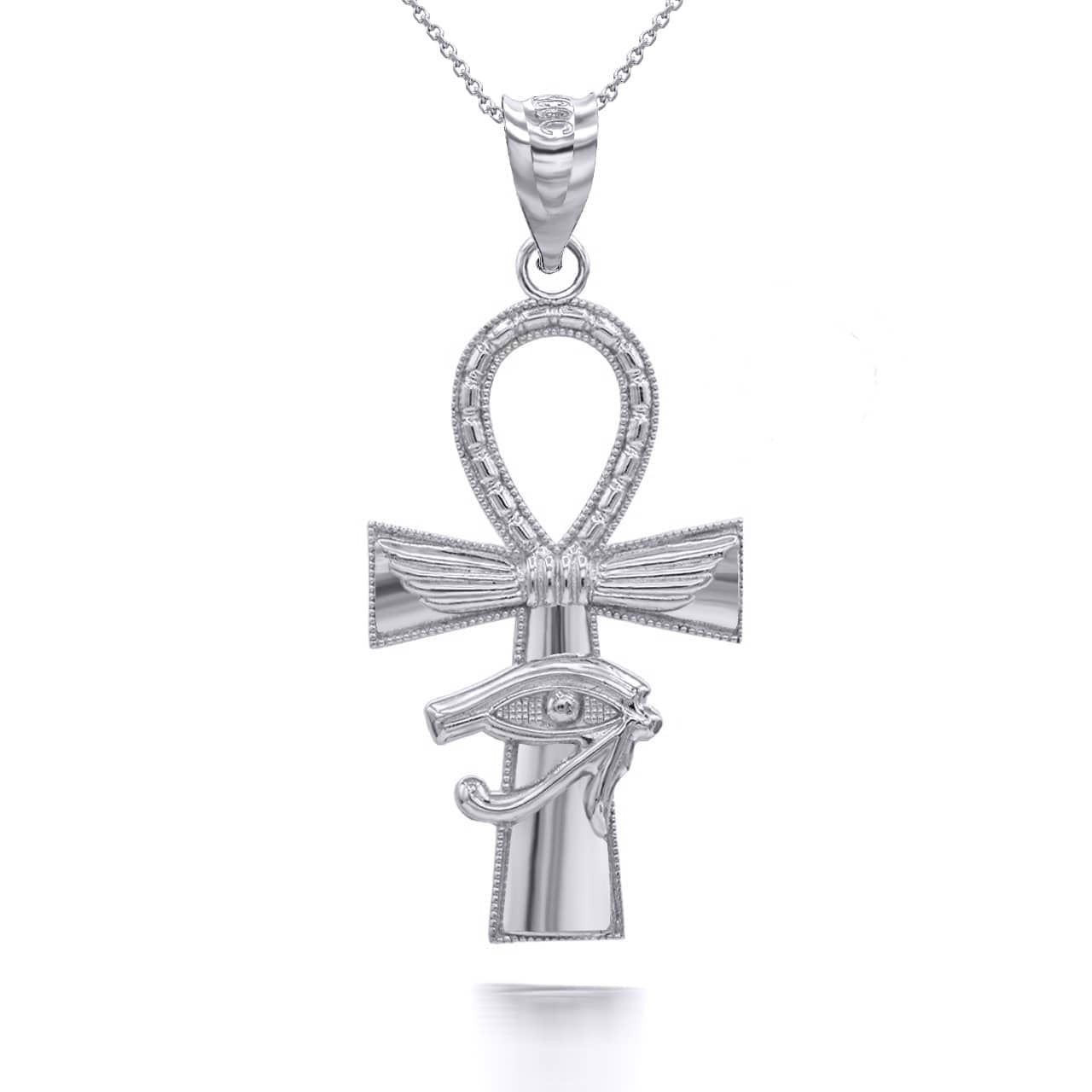 Gold Egyptian Winged Ankh Cross Eye of Horus Milgrain Pendant Necklace (Available in Yellow/Rose/White Gold)