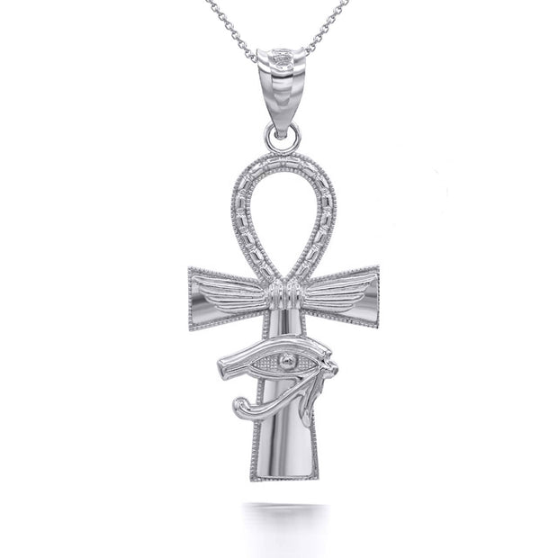 .925 Sterling Silver Egyptian Winged Ankh Cross Eye of Horus Milgrain Pendant Necklace